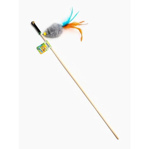 Дразнилка - удочка Мышка с колокольчиком и перьями на деревянной палочке серая 10968336 224₽