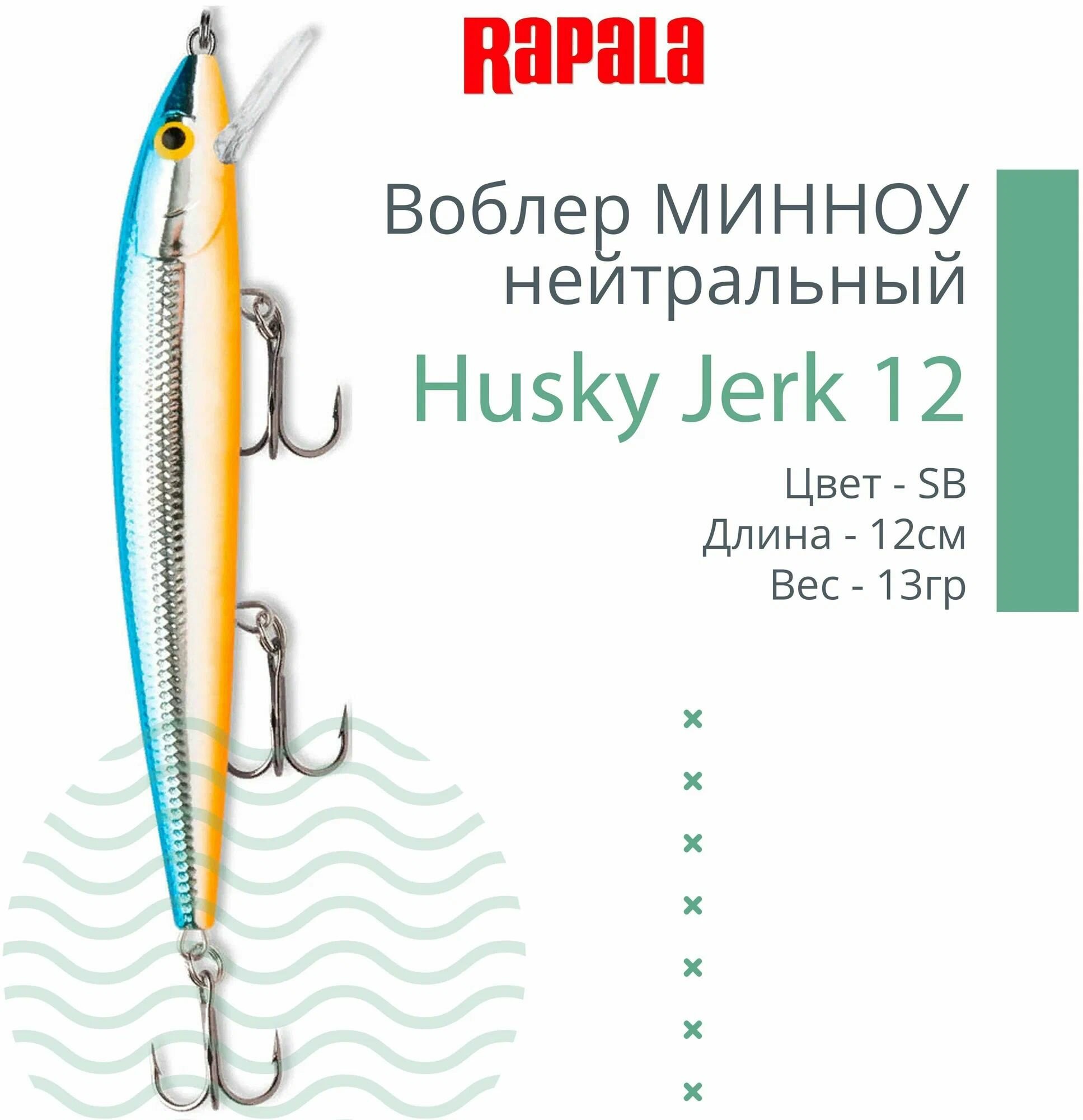 Воблер Rapala Husky Jerk, 12#, SB, нейтральный, для рыбалки, длина 12 см, заглубление до 2,4 м
