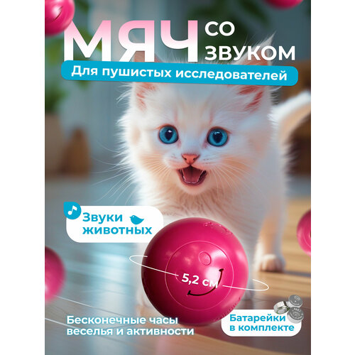 Интерактивная игрушка для животных "Мяч со звуком" Чистый Котик, пластик, диаметр 5.2 см, розовая