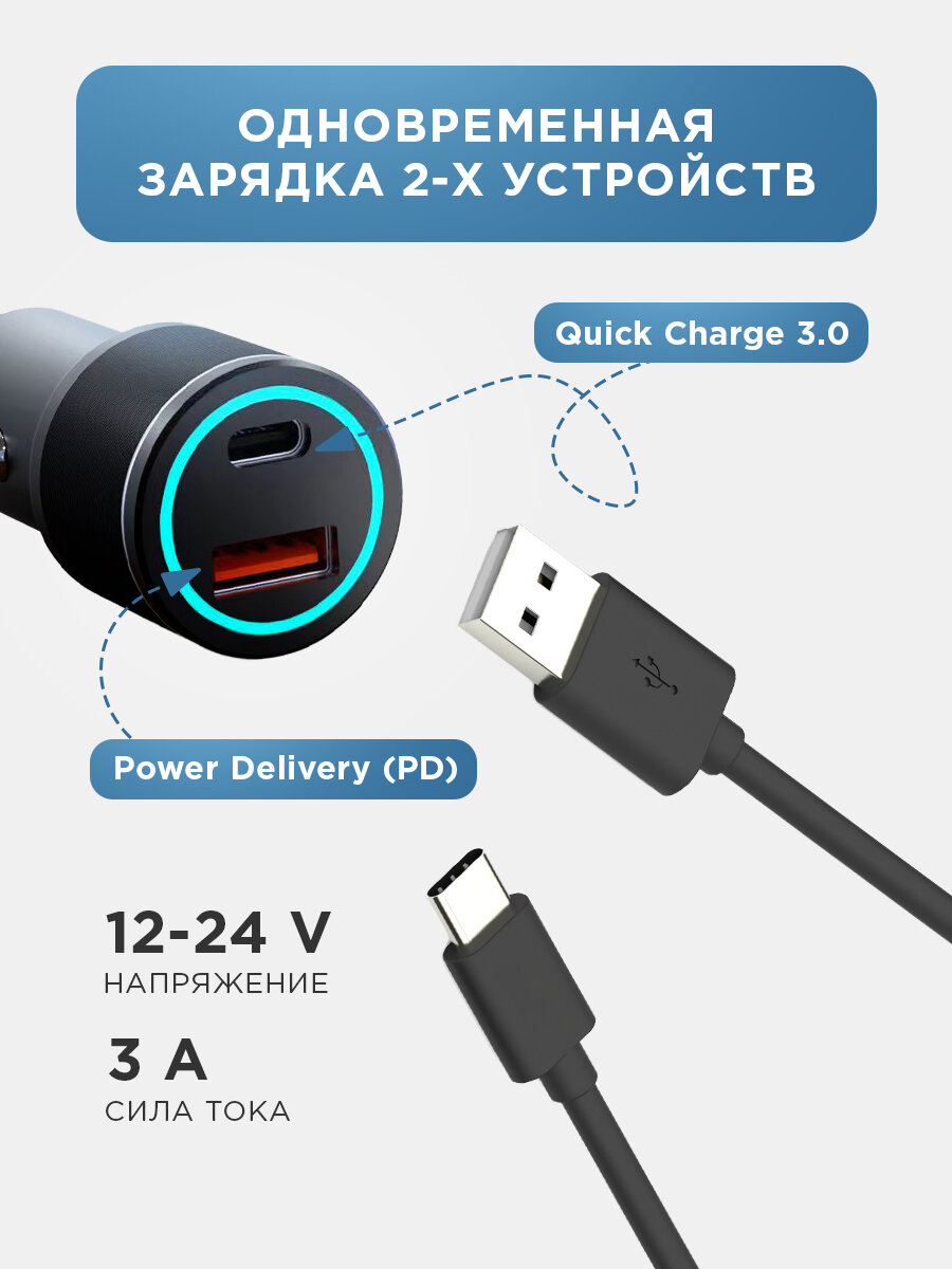 Автомобильное зарядное устройство c двумя портами (USB-C + USB-A) c LED-подсветкой, 48Вт REXANT — фото 1