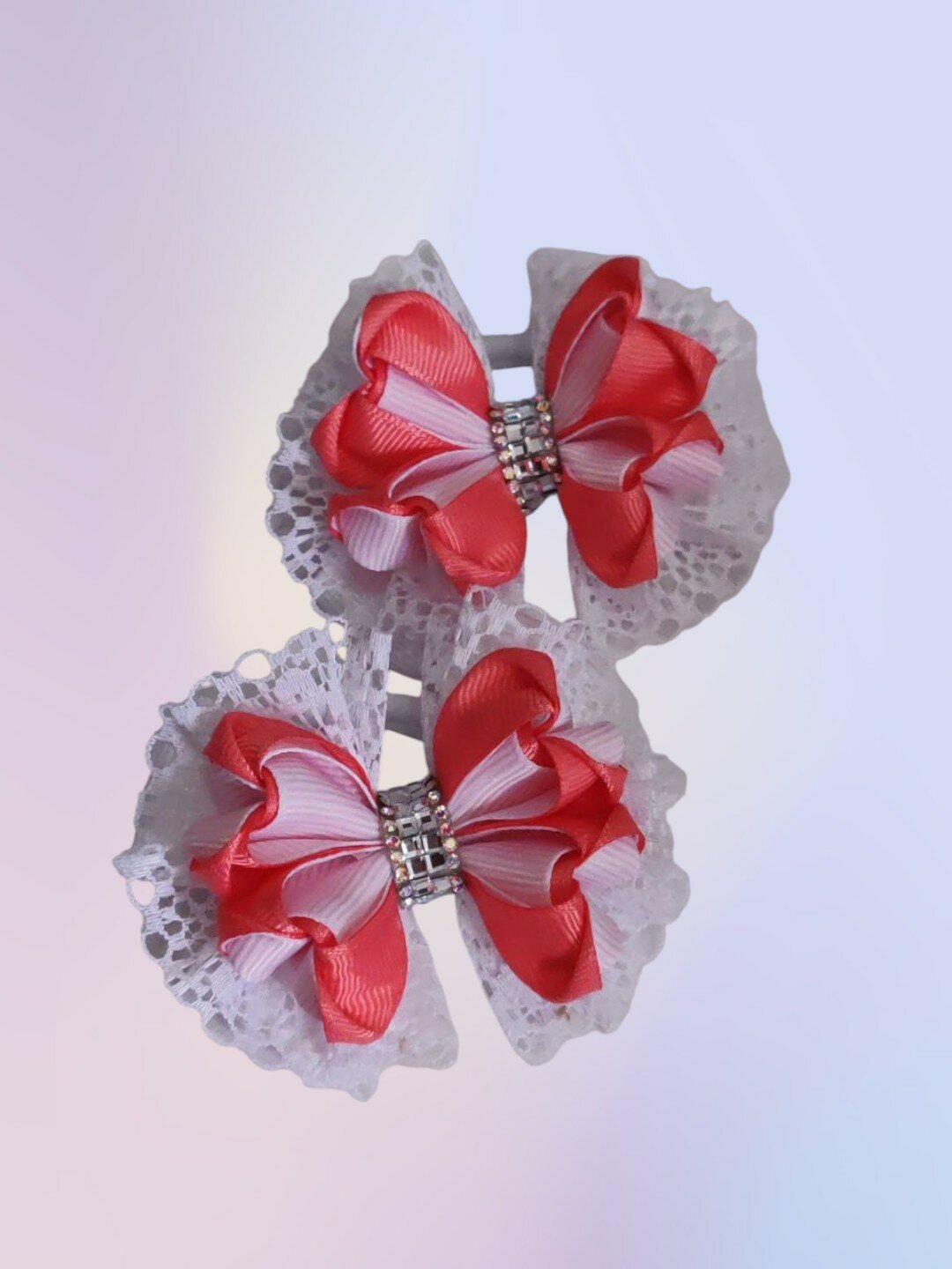 Бантики из репсовой ленты и кружева для девочек, 2 шт, коралл — фото 1