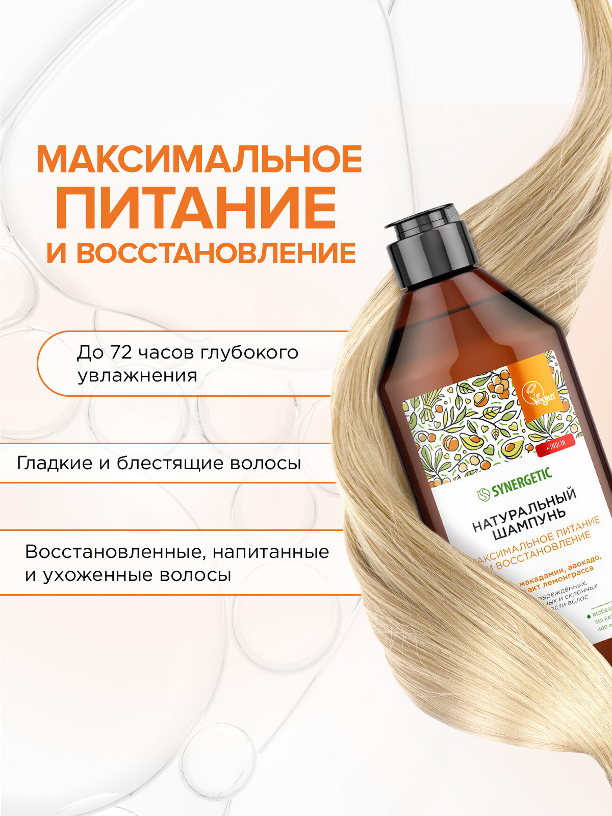 Натуральный бессульфатный шампунь SYNERGETIC Максимальное питание и восстановление 400 мл. — фото 1