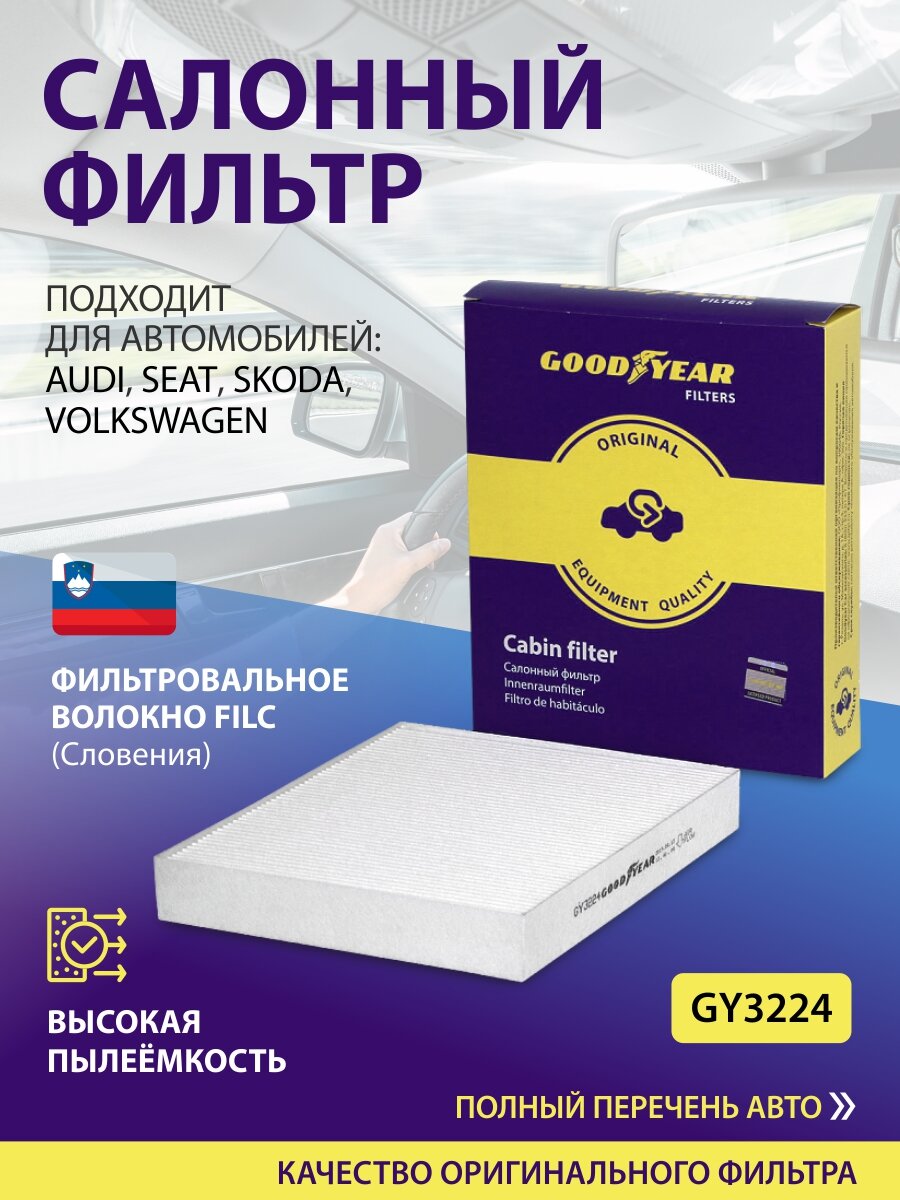 Фильтр салонный Goodyear GY3224 VOLKSWAGEN POLO V SKODA FABIA II-III RAPID ROOMSTER