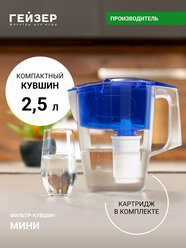 Фильтр-кувшин Гейзер Мини, ресурс 250 л, улучшает вкус и цвет воды, а также устраняет неприятные запахи, 62046