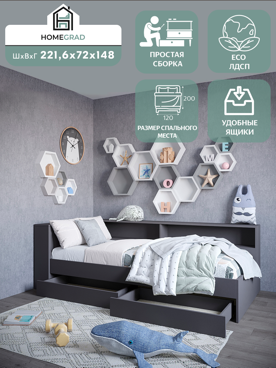 Кровать с прикроватным блоком с ящиками HomeGrad Ksenia,1200х2000, графит