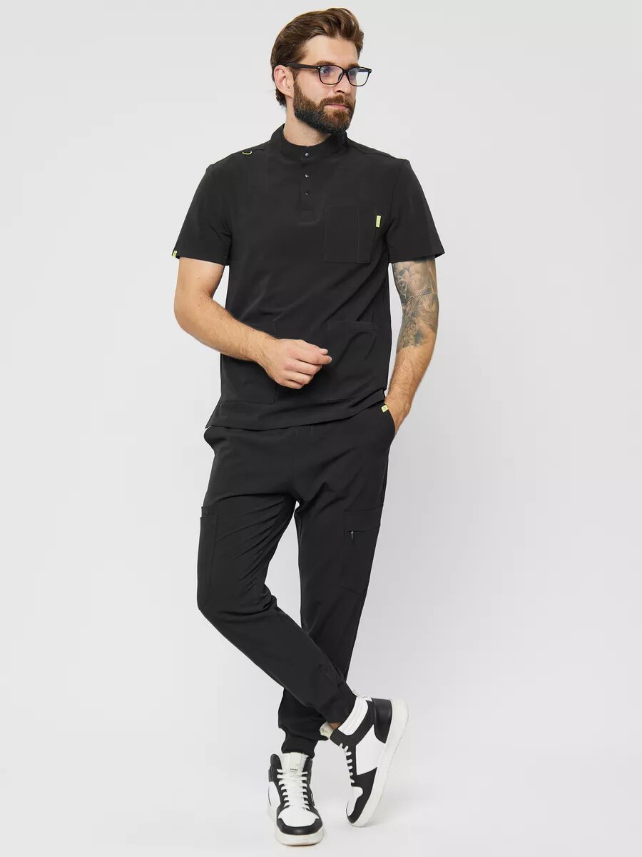 Костюм медицинский SCRUBS, мужской, черный, топ: поло, брюки: джоггеры — фото 1