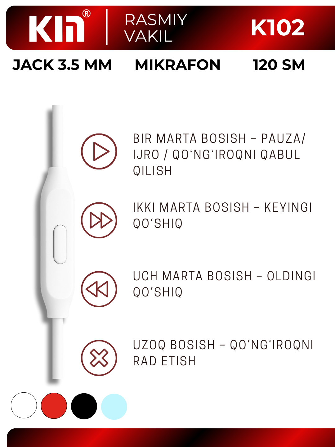 Наушники KIN K102, проводные 3.5 мм jack, с микрофоном, удобное управление — фото 1