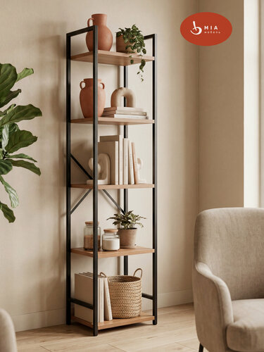 Изображение товара Стеллаж для книг Leset "Стилвуд 15", стеллаж деревянный, ЛДСП, 5 полок, черный, дуб крафт золотой