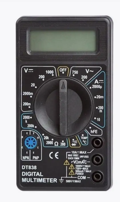 Изображение Мультиметр DT-838, чёрный, цифровой, защита от перегрузки, звуковая прозвонка, с термопарой