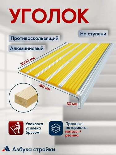 Изображение товара Противоскользящий алюминиевый угол-порог на ступени с пятью вставками 160мм, 3м, жёлтый