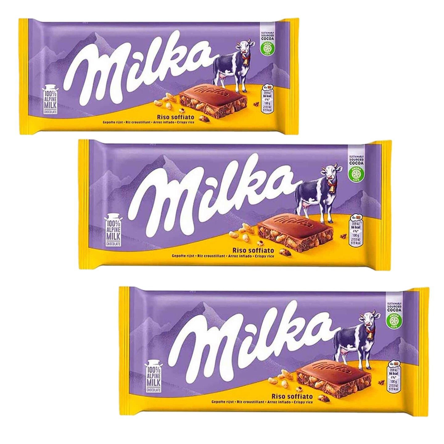 Шоколадная плитка Milka Crispy Rice, с хрустящим рисом 3 шт х 100г (Германия)
