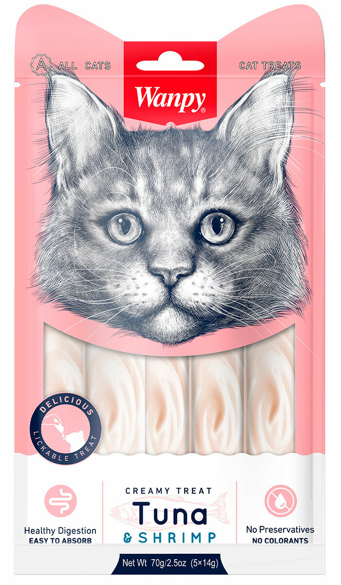 Лакомство WANPY CAT для кошек, нежное пюре с тунцом и креветками, 70 гр