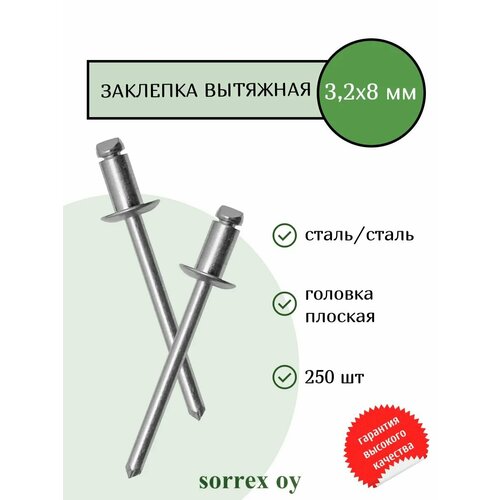 фото Заклепка вытяжная сталь/сталь 3.2х8 sorrex oy (250штук) дело техники