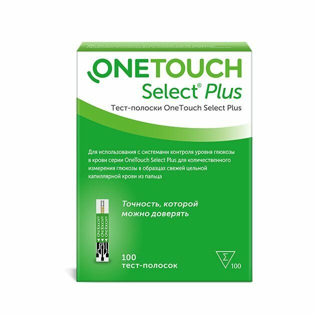 Тест-полоски для глюкометра OneTouch Select Plus, для определения глюкозы, 100шт — фото 1