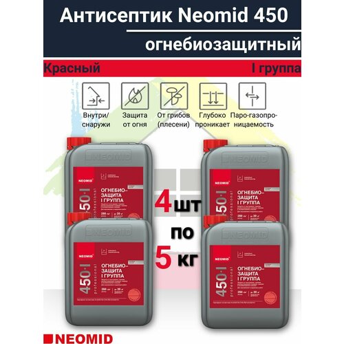 фото Антисептик neomid 450 огнебиозащитный i группа цв. красный 20кг (5кг-4шт)