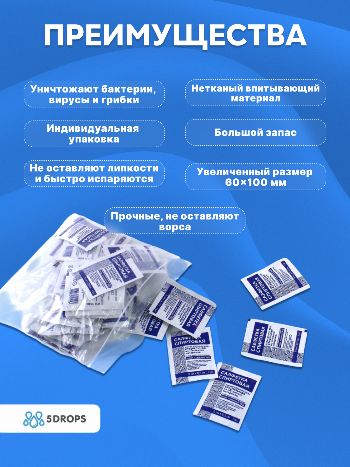 Картинки Салфетка спиртовая 60х100 мм, нетканая, стерильная, 400 шт/упак