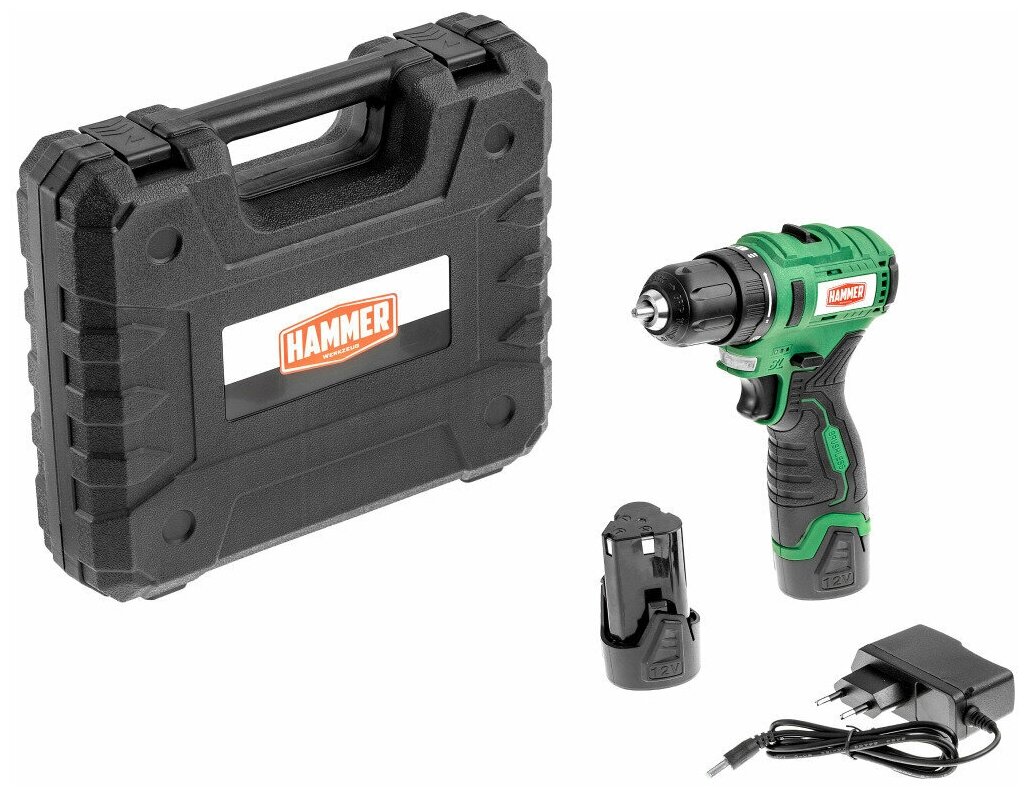 Hammer Аккумуляторная дрель шуруповерт Acd12blc 12В 2x 2Ач LiION 10мм 0-400/0-1350об/мин 32Нм в кейсе
