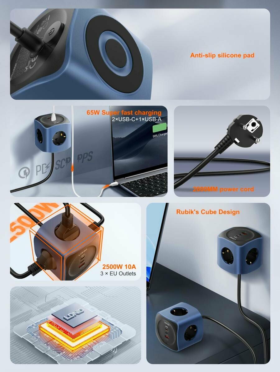 Сетевой фильтр удлинитель LDNIO SC3338 длиной 2 метра. 3 розетки + 2 порта USB-C и 1 порт USB -A — фото 1