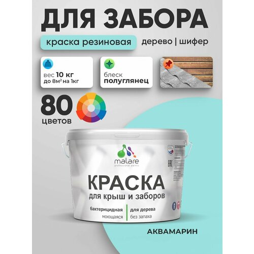 фото Резиновая краска malare для деревянного забора/ по дереву для наружных и внутренних работ/ быстросохнущая моющаяся без запаха полуглянцевая, аквамарин, 10 кг.