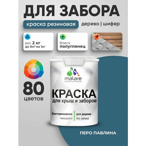 фото Резиновая краска malare для деревянного забора/ по дереву для наружных и внутренних работ/ быстросохнущая моющаяся без запаха полуглянцевая, перо павлина, 2 кг.