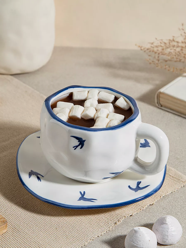 Изображение товара Чайная пара Тепло в руках "Птицы ", керамика, с блюдцем, бело-синяя
