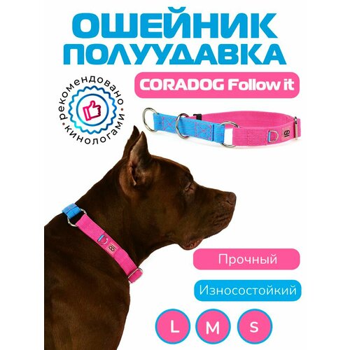Ошейник-полуудавка, мартингейл, CORADOG Follow it, для маленьких и средних собак, голубой ярко розовый, размер S 27-38 см, ширина 2см