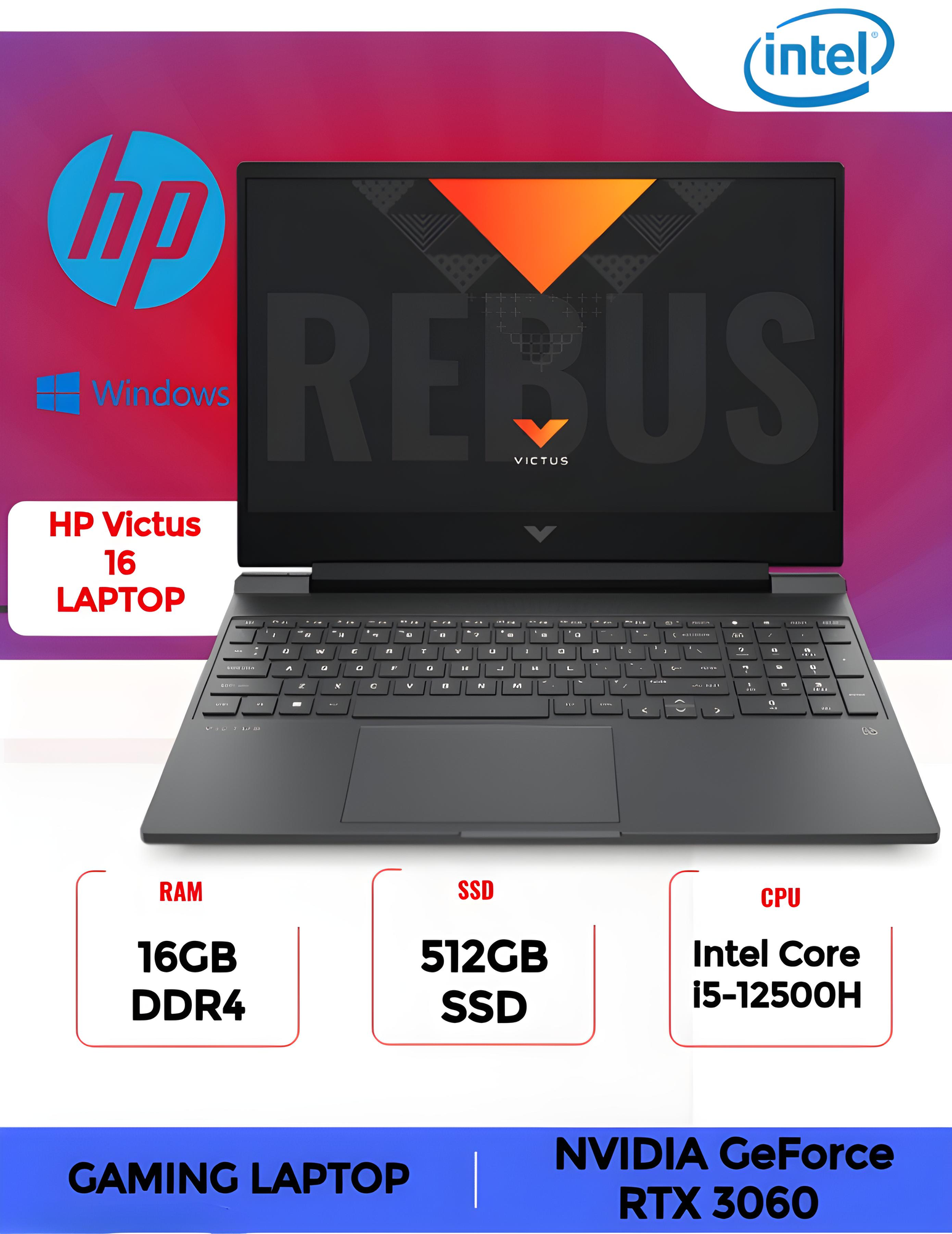 Ноутбук HP Victus 16-d1074ci (6X7Q8EA) / i5-12500H / 16GB / SSD 512GB / RTX3060 6GB / 16.1", серый