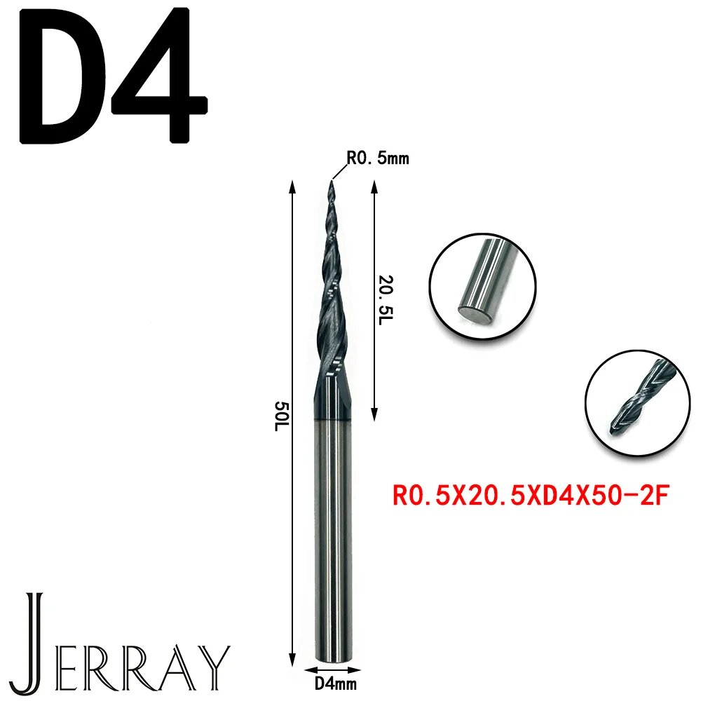 JERRAY HRC55 Фрезы с ЧПУ, твердосплавные вольфрама, конические сферические концевые фрезы, 2D 3D фрезы для резьбы по дереву, фреза, R0.5X20.5XD4X50, 1pc