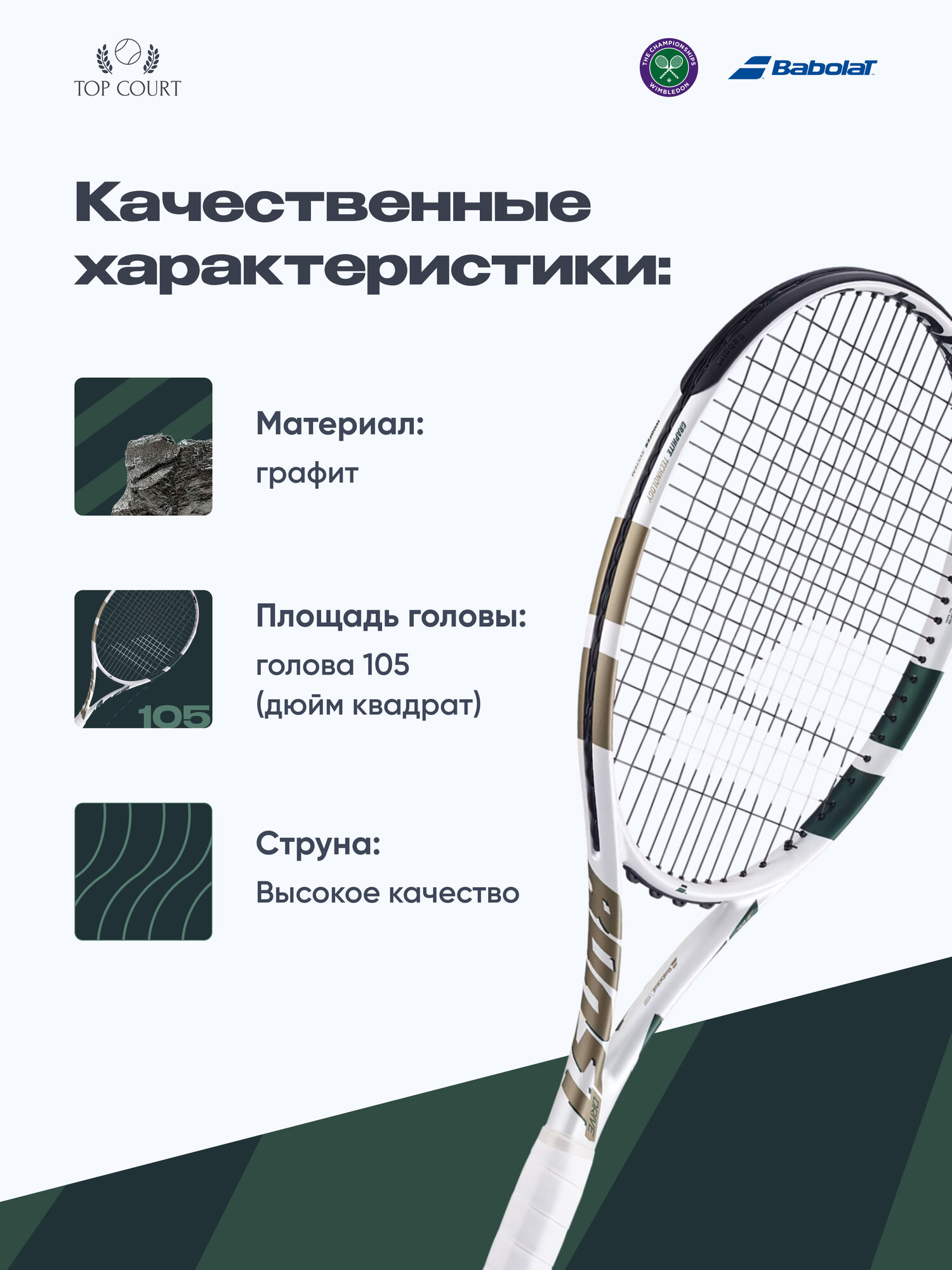 Ракетка для большого тенниса Babolat Boost Drive Wimbledon 2025 105 (Ручка 2, с натяжкой) — фото 1
