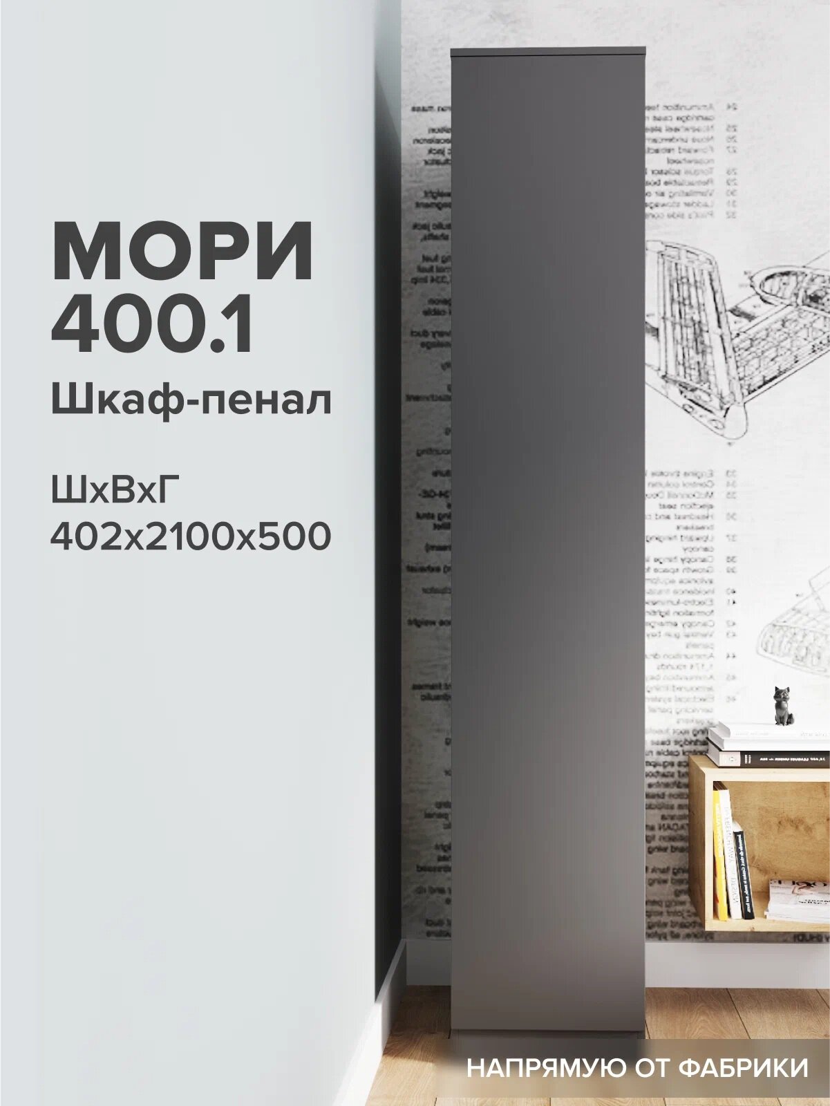 МС Мори Шкаф МШ 400.1 Графит (пенал для одежды, распашной, в прихожую, в спальню, в детскую, с полками)