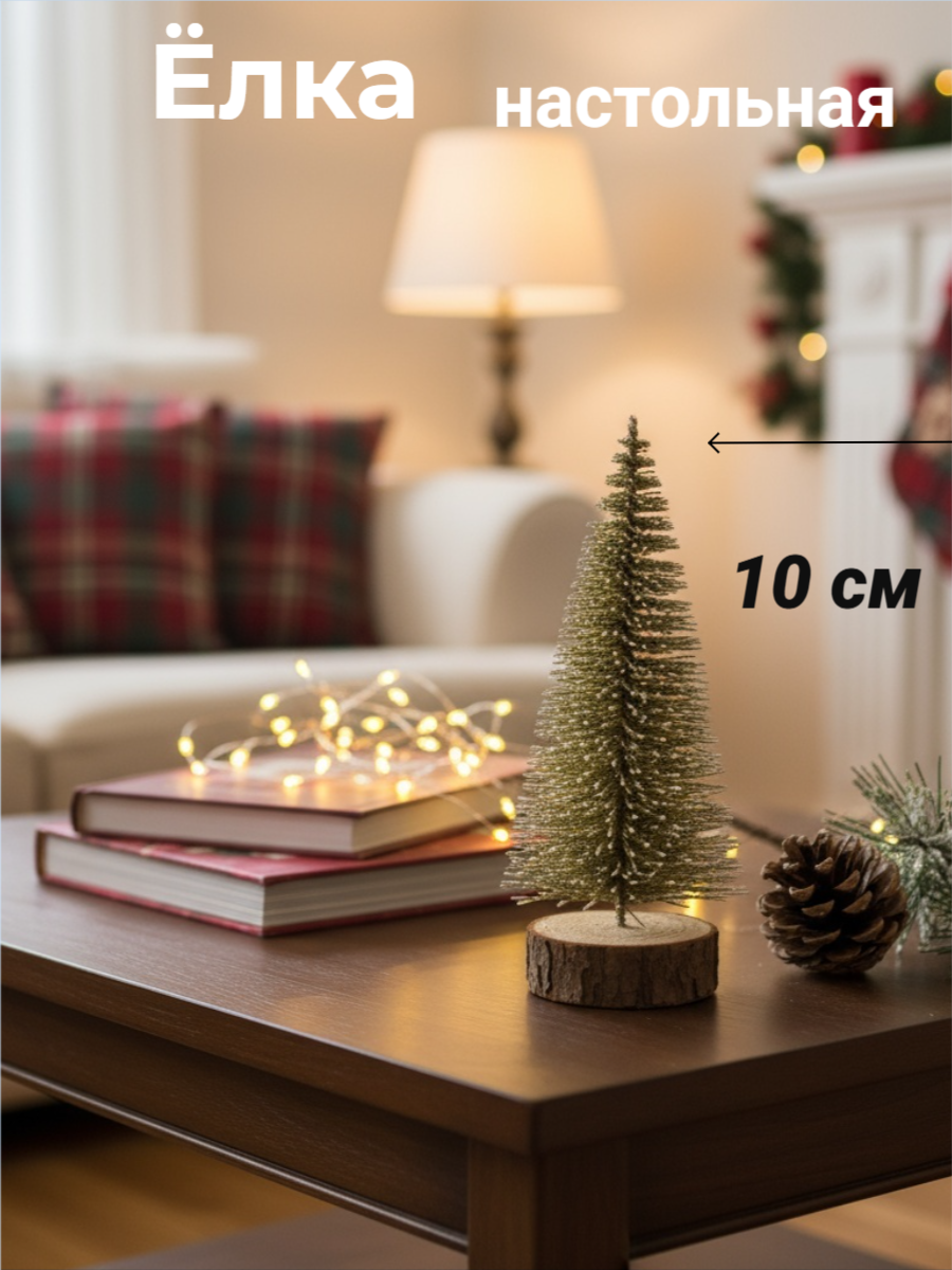Ёлка настольная новогодняя, золотистая, высота 10см, на деревянной подставке