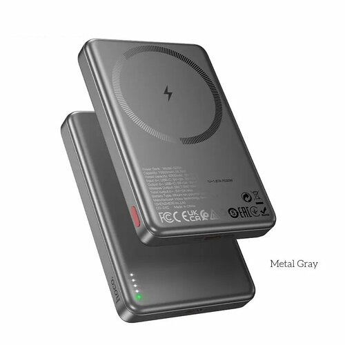 Внешний магнитный беспроводной аккумулятор Hoco Joy Aluminum alloy Q26A 10000 mAh Qi15WPD20W metal gray 4300₽
