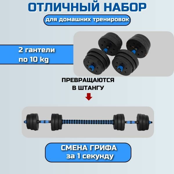 Гантели OneFit 701-002, разборные, с коннекторами, шершавые, пластик, синие, 20кг — фото 1