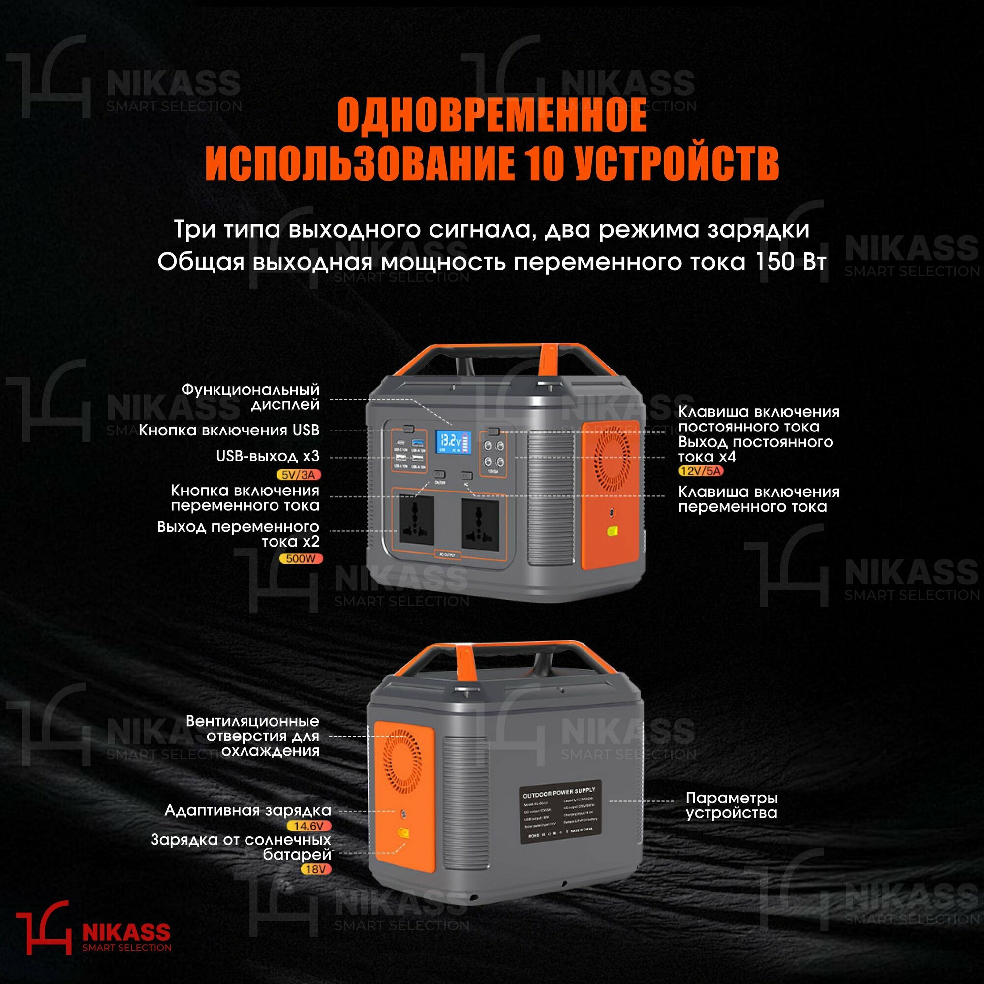 Портативная зарядная станция NIKASS 150Вт, 48000мА·ч, с розеткой, быстрая зарядка — фото 1
