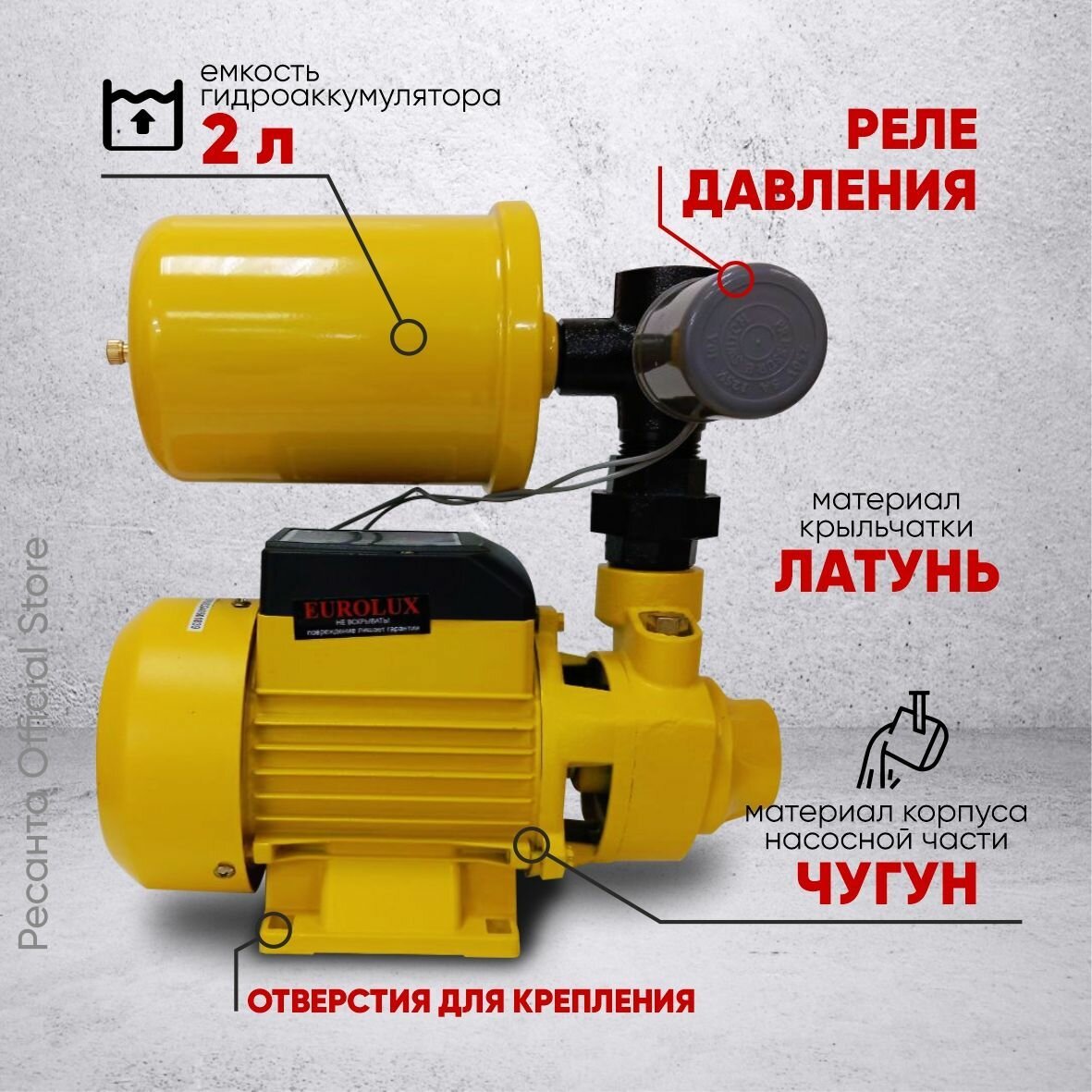 Насосные Станции Насосная станция для воды АСВ-370-45/2Ч Eurolux - 370Вт, бак 2л, 45л/мин, напор 30м
