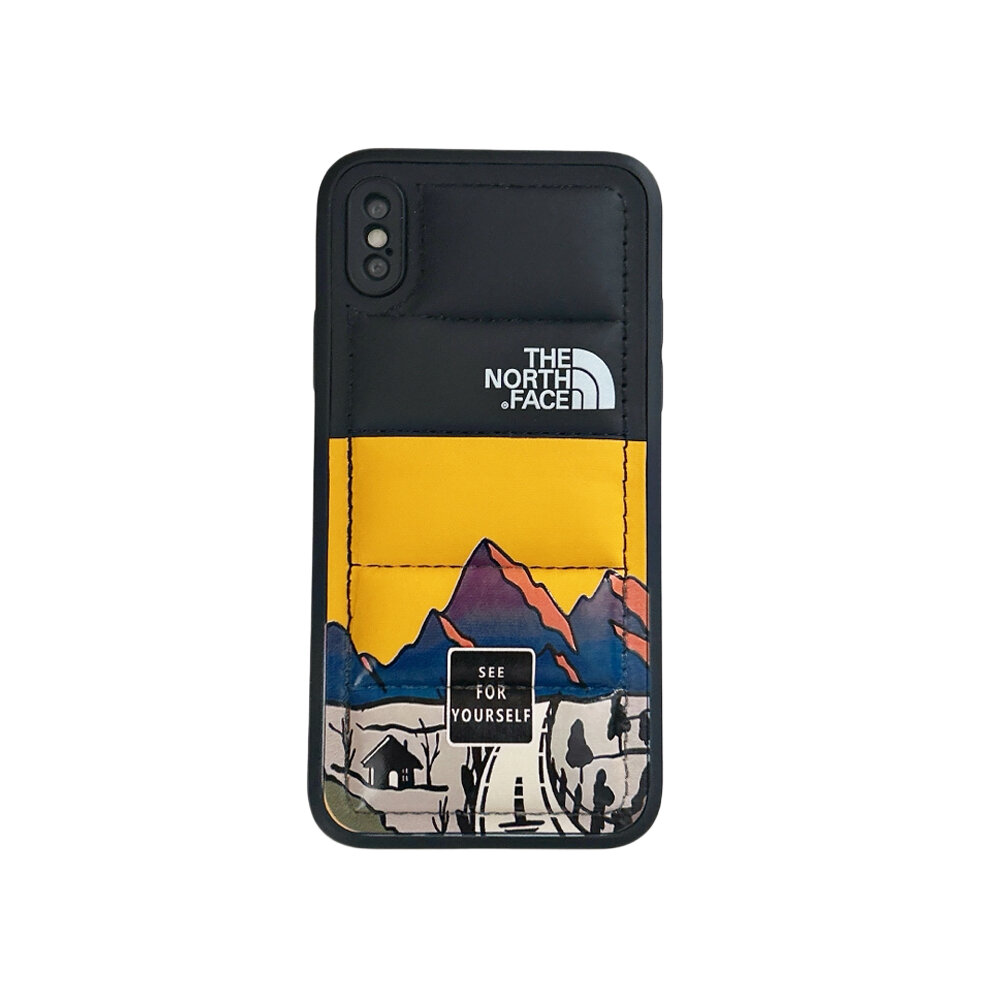 Чехол для iPhone X / XS черный / желтый силиконовый дутый пуховик North Face