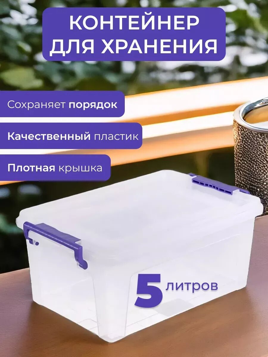 Контейнер Сундучок терциал 5 л пластик прямоугольный с крышкой для хранения синий/прозрачный
