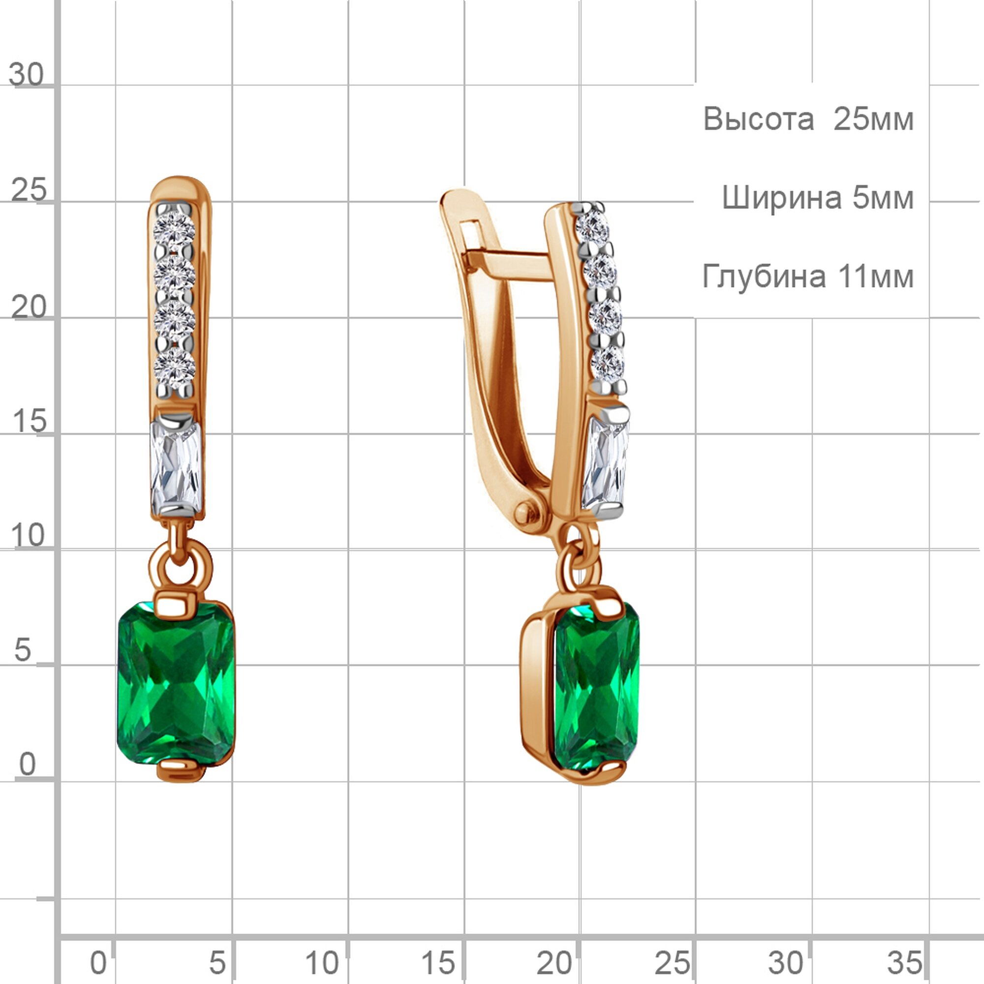 Серьги Diamant online, серебро, 925 проба, золочение, фианит, изумруд синтетический, длина 2.4 см, , бирюзовый — фото 1
