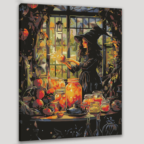 Изображение товара Картина по номерам 40x50 см, ведьма, акварельная иллюстрация, волшебное зелье, заколдованный лесной доми