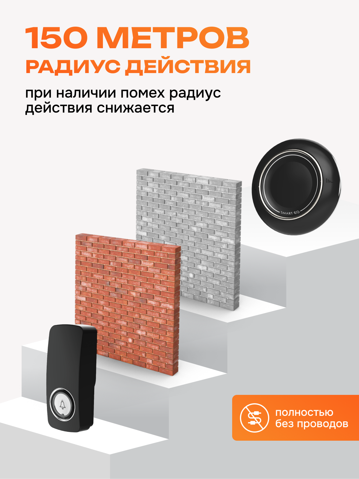 Изображение Кинетический Беспроводной Дверной Звонок Smart Coo, с регулировкой громкости, 36 мелодий, дистанция 150 метров (цифровой, работает без батареек и проводов) черный