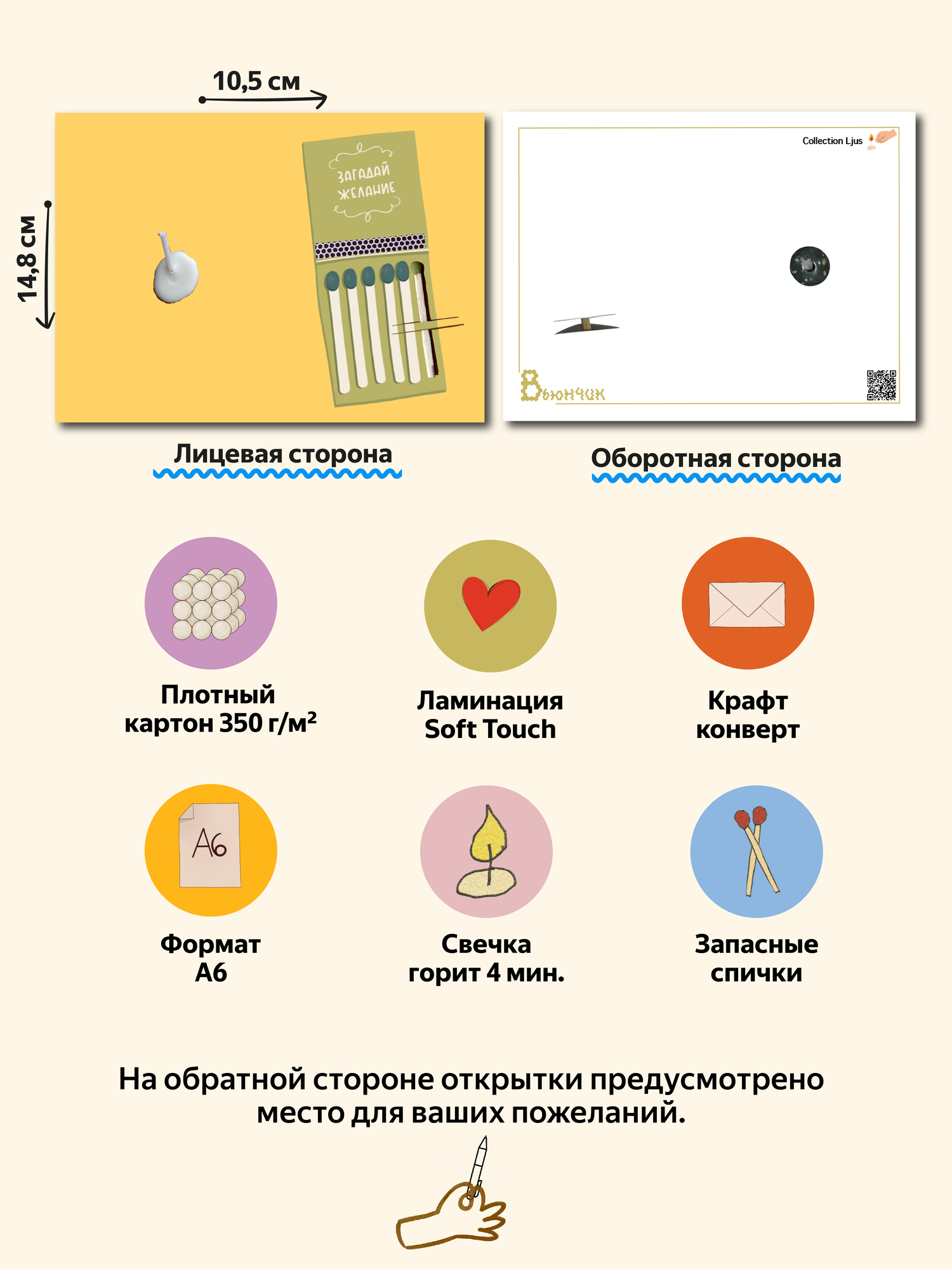 Открытка свечка "Загадай", от Вьюнчик, с крафтовым конвертом, 14,8х10,5 см (А6), открытка для загадывания желаний — фото 1