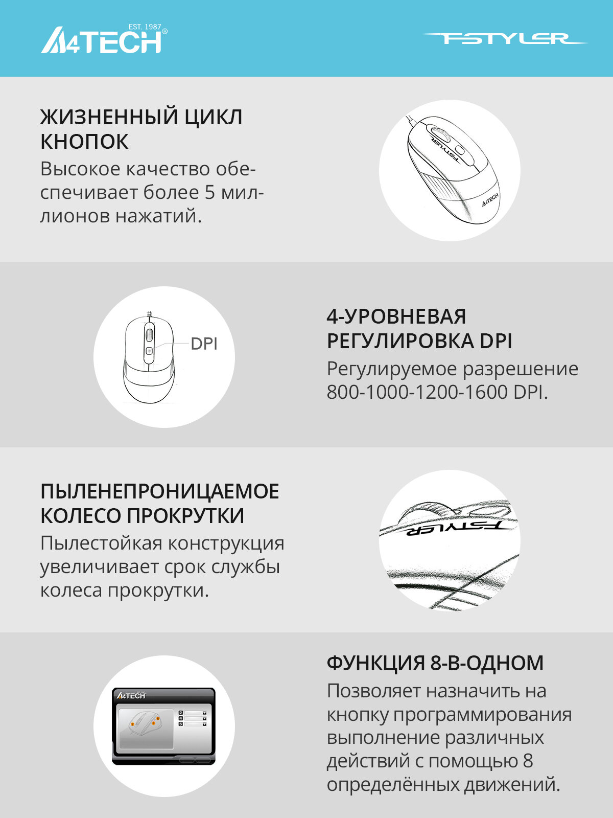 Проводная оптическая мышь A4Tech Fstyler FM10, 1600dpi, 4 кнопки — фото 1