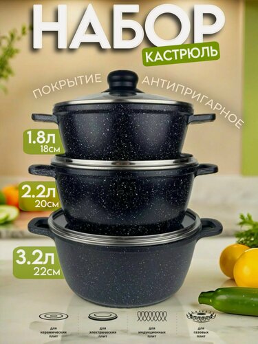 Изображение товара Набор кастрюль Восток Стиль, антипригарное покрытие, с крышками, черный