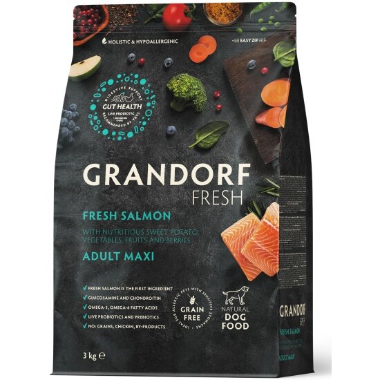 Корм сухой Grandorf Fresh , беззерновой с живыми пробиотиками, свежее филе лосося с бататом для собак крупных пород, 3 кг