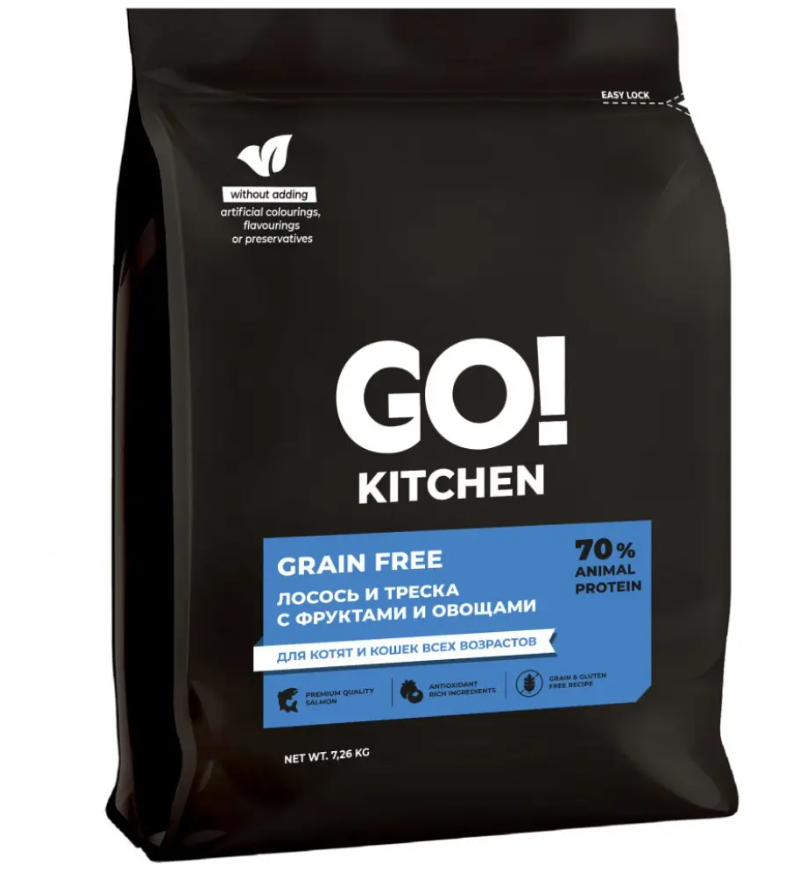 GO! KITCHEN GRAIN FREE Сухой корм беззерновой для кошек и котят с лососем треской фруктами и овощами 7.26 кг