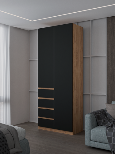 Изображение товара Шкаф распашной Кёльн с выдвижными ящиками | Корпус Дуб Крайт Золотой/Фасад Черный | Открывание на толкателях