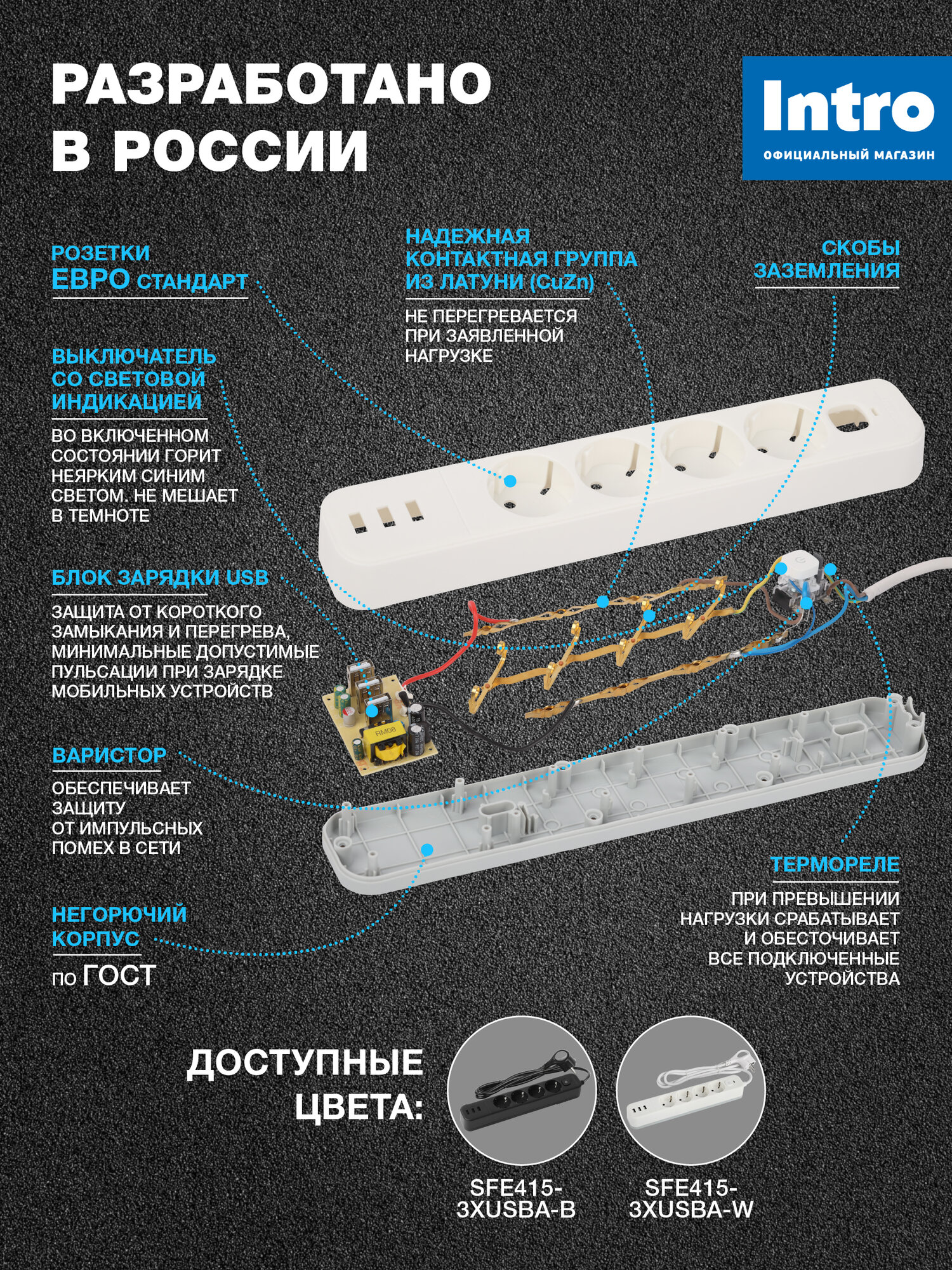 Сетевой фильтр Intro SFE415-3xUSBA-W с базовой защитой с заземлением с выключателем 4 розетки+3xUSBA 3,1A 1,5м 10А белый — фото 1