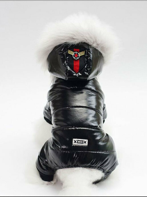 Утепленный комбинезон для маленьких собак влагонепроницаемый с капюшоном черный размер L (30 см) удобная застежка