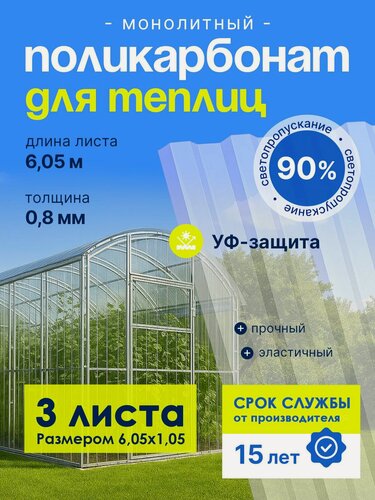 Изображение товара Монолитный поликарбонат 6 метров пластилюкс-групп профилированный прозрачный, 0,8 мм, 1050х6050 мм, 3 листа