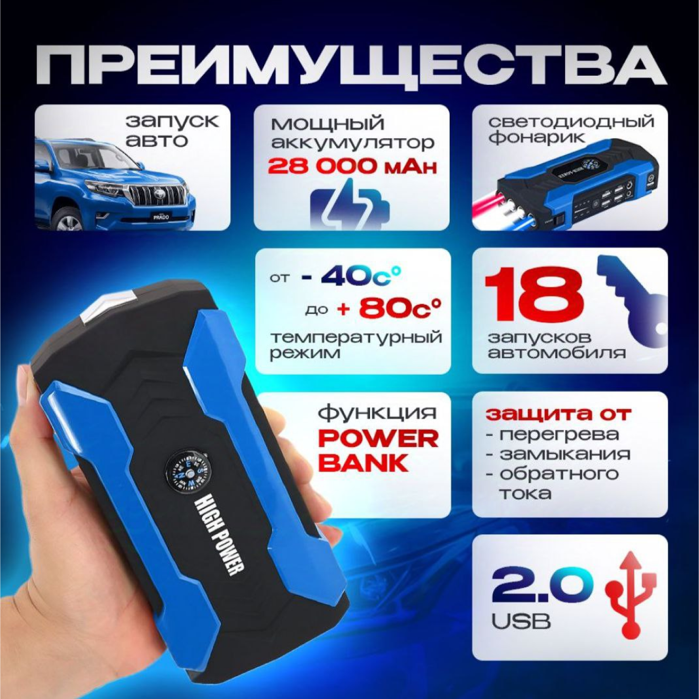 Пусковое портативное зарядное устройство для автомобиля / бустер пусковой автомобильный 28000 мA*ч — фото 1